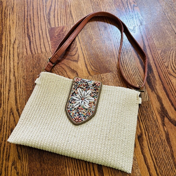NEW Straw Clutch Crossbody Bag Shell Pearl Closure - Picture 1 of 9